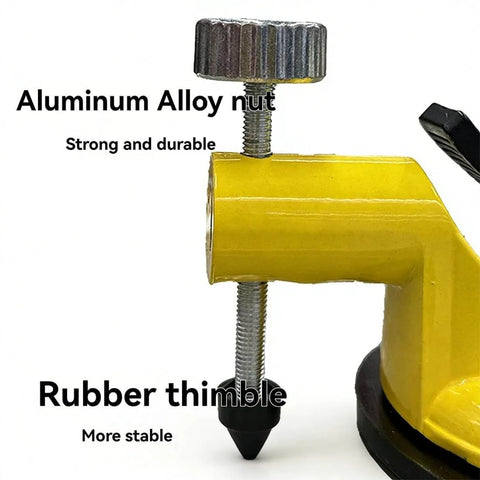 Close-up of Adjustable Height Countertop Leveler Pro with aluminum alloy nut and rubber thimble; vacuum suction grip for stone surfaces.