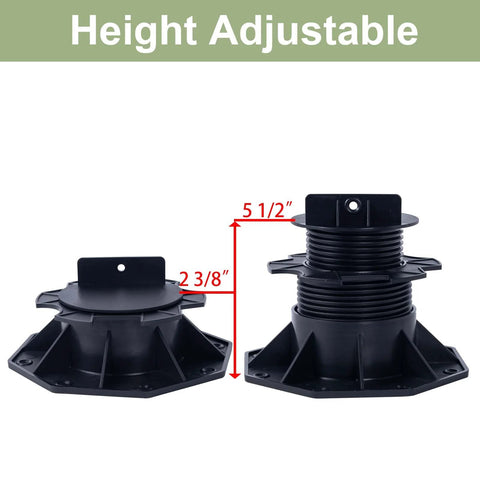 10 Pack Adjustable Plastic Pedestal Pavers For Deck Leveling And Floor Support, Slate Floor Lift Bases, showing height adjustment from 2 3/8 in to 5 1/2 in