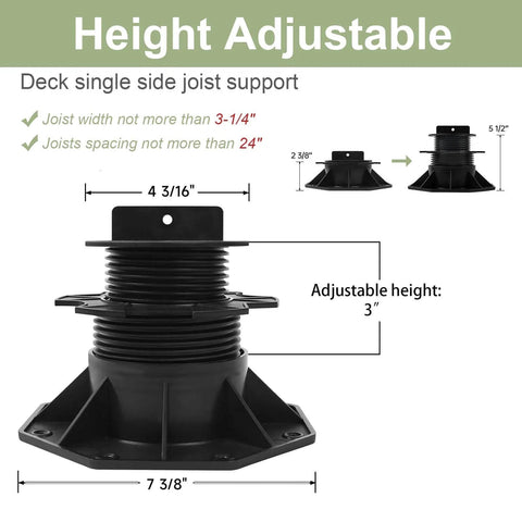 Image showing 10 Pack Adjustable Plastic Pedestal Pavers For Deck Leveling And Floor Support with height adjustable from 2 3/8 inches to 5 1/2 inches, with easy screw fix.