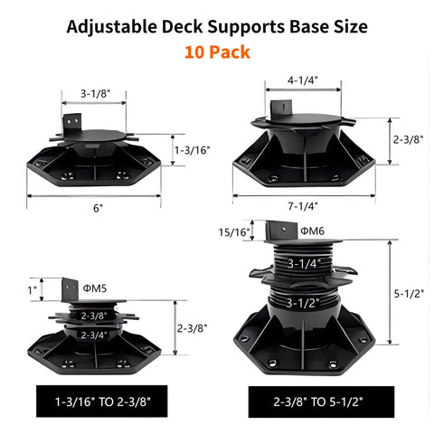 10 Pack Adjustable Deck Pedestals For Floor Lift And Deck Support Elevation Raising Platform Height From Two And Three Eighths Inches To Five And A Half Inches Black UV Resistant Polypropylene Composite Outdoor Decking Pedestals For Concrete Or Wood diagram showing sizes and dimensions