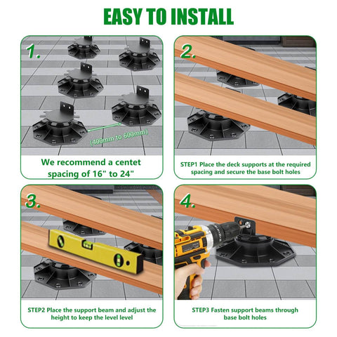Instructional layout showing installation of 12 Pack Adjustable Deck Support Pedestals For Floating Decks Foundation Bases For Deck Floors Height Adjustable From One And One Sixteenth Inches To Two And Three Eighths Inches Black.