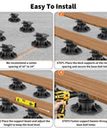 Installation steps of 10 Pack Adjustable Deck Pedestals For Floor Lift And Deck Support Elevation Raising Platform Height From Two And Three Eighths Inches To Five And A Half Inches Black UV Resistant Polypropylene Composite Outdoor Decking Pedestals For Concrete Or Wood