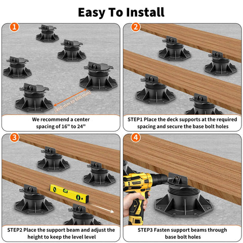 Installation steps of 10 Pack Adjustable Deck Pedestals For Floor Lift And Deck Support Elevation Raising Platform Height From Two And Three Eighths Inches To Five And A Half Inches Black UV Resistant Polypropylene Composite Outdoor Decking Pedestals For Concrete Or Wood