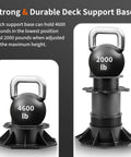 10 Pack Adjustable Deck Pedestals For Floor Lift And Deck Support Elevation Raising Platform Height From Two And Three Eighths Inches To Five And A Half Inches Black UV Resistant Polypropylene Composite Outdoor Decking Pedestals For Concrete Or Wood shown with weights indicating strength.