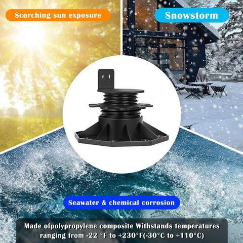 12 Pack Adjustable Deck Support Pedestals For Floating Decks Foundation Bases For Deck Floors Height Adjustable shown in harsh weather conditions.