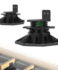 12 Pack Adjustable Deck Support Pedestals For Floating Decks Foundation Bases For Deck Floors Height Adjustable From One And One Sixteenth Inches To Two And Three Eighths Inches Black, shown with installation detail