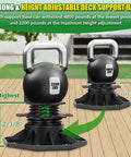 12 Pack Adjustable Deck Support Pedestals For Floating Decks Foundation Bases For Deck Floors Height Adjustable From One And One Sixteenth Inches To Two And Three Eighths Inches Black, showing two bases with weights depicting load capacity.