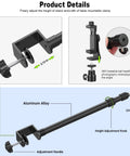 Detail view of Two Pack Desk Mount with 1/4 and 3/8 inch screws and ball head, featuring adjustable aluminum alloy stand and clamp.