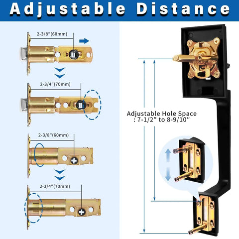 Diagrams showing dimensions of Matte Black Front Door Handle And Single Cylinder Deadbolt Combo Set, adjustable hole space details