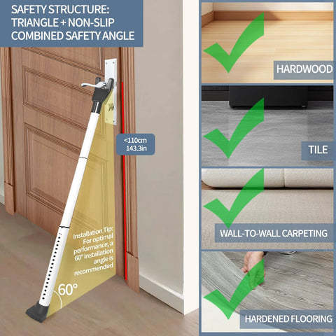 Multi Functional Door Security Bar And Sliding Window Bar with adjustable stoppers, shown installed on wooden door.