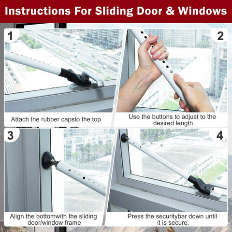 Instructions for installing the Three Pack Adjustable Sliding Door Lock Bar With Removable Y Head And Non Slip Base For Home, Apartment And Travel Use, Length Adjustable Pin For Precise Fit, Supports Up To 400 Pounds, Two In One Design For Hinged Doors, Sliding Doors, And Windows.
