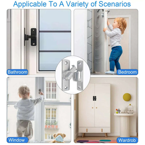 Adjustable 90 And 180 Degree Barn Door Lock Heavy Duty Rust Proof Sliding Door Latch installed in various home scenarios
