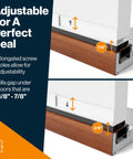 Diagram showing Adjustable Double Bubble Door Sweep in white, fitting 3/8 to 7/8 inch gaps under exterior doors for perfect seal