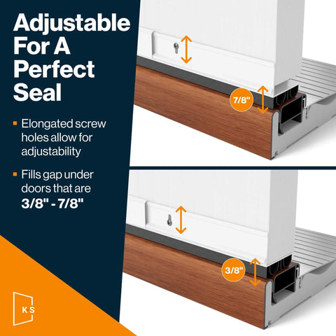 Diagram showing Adjustable Double Bubble Door Sweep in white, fitting 3/8 to 7/8 inch gaps under exterior doors for perfect seal
