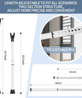 Multi Functional Door Security Bar And Sliding Window Bar with adjustable pin, shown in full and collapsed views with measurements.
