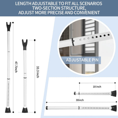 Multi Functional Door Security Bar And Sliding Window Bar with adjustable pin, shown in full and collapsed views with measurements.