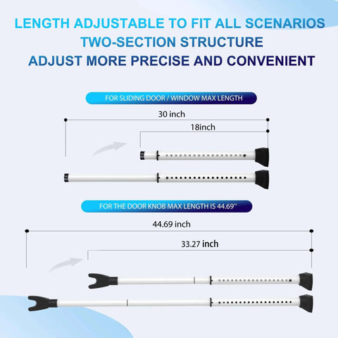 Diagram of 2 In 1 Door Security Bar And Sliding Door Lock Bar Heavy Duty Adjustable Jammer For Apartment Home White showing adjustable lengths from 18 to 44.69 inches.