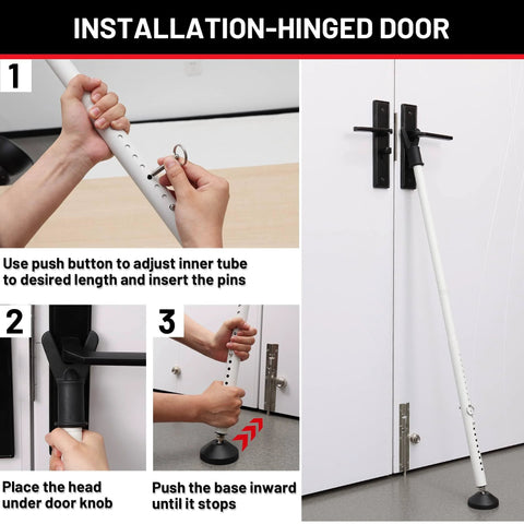 Door Stoppers Security Bar 2 Pack - Heavy Duty Door Jammer - installation process on hinged door with adjustable bar and rubber feet