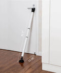 Door Security Bar Adjustable Door Stoppers Sliding Glass Door Security Bar 2 in 1 Heavy Duty Door Jammer for Home, Apartment, Travel, School, Dorm (1 Pack,White), showing installed on hinged door at adjustable angle.