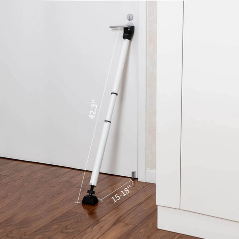 Door Security Bar Adjustable Door Stoppers Sliding Glass Door Security Bar 2 in 1 Heavy Duty Door Jammer for Home, Apartment, Travel, School, Dorm (1 Pack,White), showing installed on hinged door at adjustable angle.