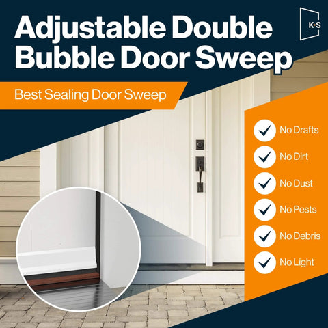 Adjustable Double Bubble Door Sweep, Draft Stopper, Under Door Seal for Exterior Doors shown on a white door.