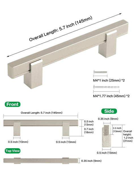 Adjustable Drawer Pulls 5 Pack In Brushed Nickel showing detailed dimensions and design in front, side, and top views.