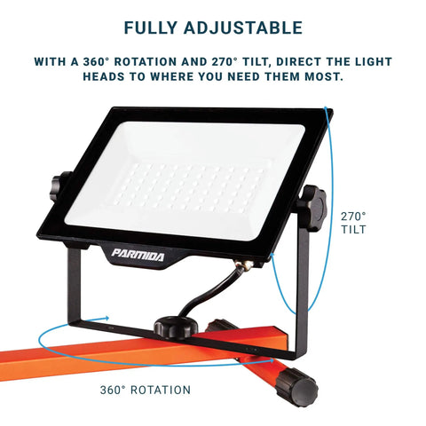 Heavy Duty Dual Head LED Work Light With Telescoping Tripod Up To 6 Ft Tall, 100W High Output, 270° tilt and 360° rotation shown