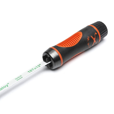Adjustable universal file handle clamps to tool tang and fits multiple file sizes without inserts, shown with blade.