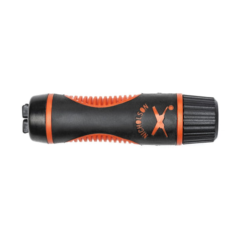 Adjustable universal file handle clamps to tool tang and fits multiple file sizes without inserts, black and orange design
