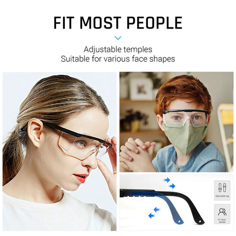 HD Anti Fog Safety Glasses Over Eyeglasses With Adjustable Frame With People Wearing Protective Eyewear