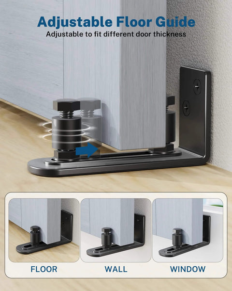 Adjustable floor guide of Sliding Barn Door Hardware Kit - 5 FT Heavy Duty Steel Rail, shown with wall mounting option
