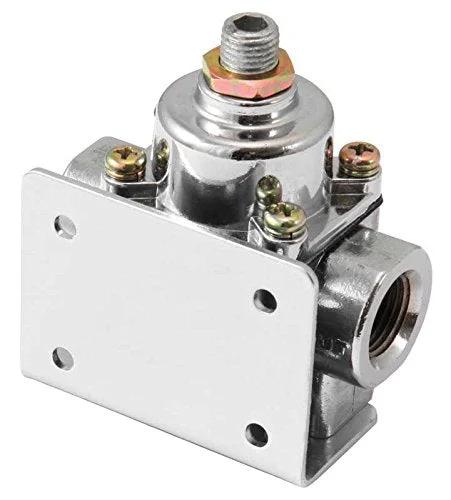 Spectre adjustable fuel pressure regulator, 1-4 psi, 3/8 inch barb fittings, bright plated finish, universal use for carbureted systems.