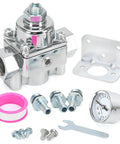 Adjustable Fuel Pressure Regulator With Gauge For Holley And Edelbrock Carburetors, 1 To 4 PSI, 3/8 NPT, Model 12-804, components shown