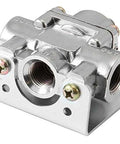 Spectre adjustable fuel pressure regulator with bright plated finish and 3/8 inch barb fittings for precise pressure control in carbureted systems.