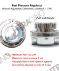 Street Ready Fuel Pressure Regulator With Gauge For Carburetor Universal Fit, Adjustable 1 to 5 PSI, chrome plated, side view