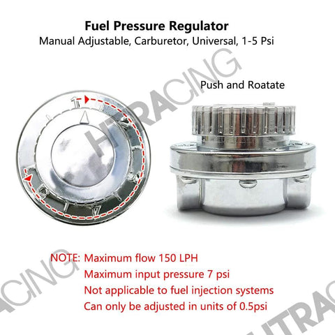 Street Ready Fuel Pressure Regulator With Gauge For Carburetor Universal Fit, Adjustable 1 to 5 PSI, chrome plated, side view