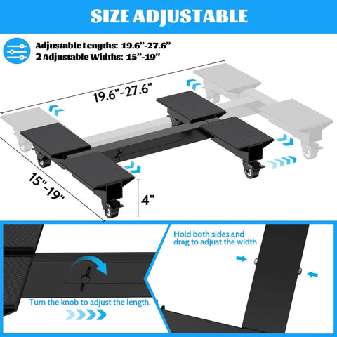 1500 lb adjustable furniture dolly with heavy duty iron frame, expandable length and width, showing adjustable measurements