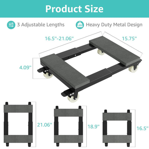 Heavy duty adjustable furniture moving dolly set of 2 with 4 swivel caster wheels, wood and metal flat dollies, product size overview.
