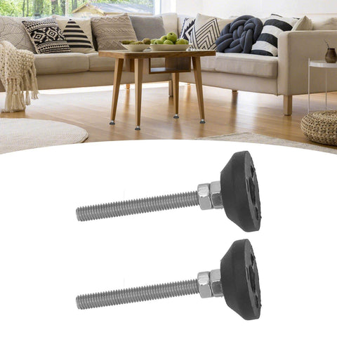 Two M6 adjustable furniture legs with 1.2 inch rubber base levelers support up to 10kg each, shown in a modern living room setup.