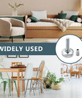 Heavy Duty Adjustable Furniture Levelers 4 Pack By Powertec installed on table and bench in living room setting.