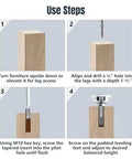 Installation steps for Heavy Duty Adjustable Furniture Levelers 4 Pack By Powertec With Three Eighths Inch By Sixteen Threaded Inserts