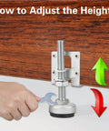 4 Pack Heavy Duty Adjustable Furniture Leveling Feet With Load Levelers For Tables Cabinets Benches And Appliances Height Adjustable From About Three Quarters Of An Inch To About Three And A Half Inches Sturdy L Shape Tray Bracket For Maximum Stability being adjusted with a wrench
