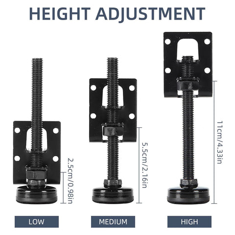 Durable heavy duty adjustable leveling feet with galvanized steel and non slip base showing height adjustment range