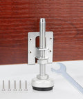 4 Pack Heavy Duty Adjustable Furniture Leveling Feet With Load Levelers For Tables Cabinets Benches And Appliances Height Adjustable From About Three Quarters Of An Inch To About Three And A Half Inches Sturdy L Shape Tray Bracket For Maximum Stability, shown installed with wrench and screws.