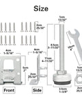 4 Pack Heavy Duty Adjustable Furniture Leveling Feet With Load Levelers For Tables Cabinets Benches And Appliances Height Adjustable From About Three Quarters Of An Inch To About Three And A Half Inches Sturdy L Shape Tray Bracket For Maximum Stability shown disassembled with screws, bracket, leveling foot, and wrench.