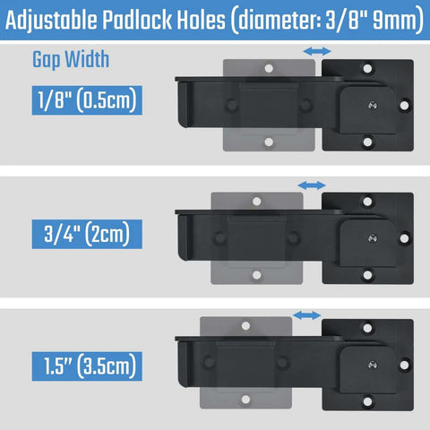 Diagram showing 7.5 Inch Flip Gate Latch Lock With Padlock Holes, Heavy Duty Aluminum Alloy Door Latch focusing on gap widths.