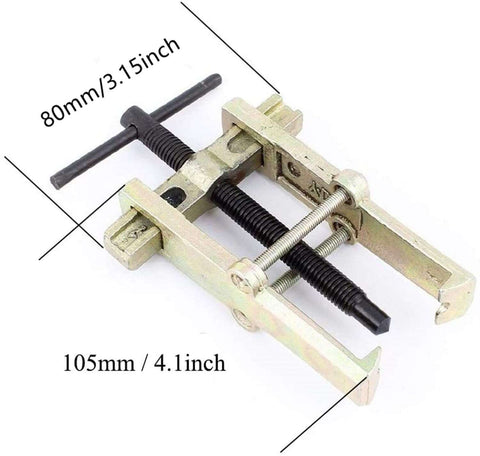 Adjustable 2 Jaw Gear Puller for Cars and Motorcycles, Heavy Duty Auto Repair Tool, close-up showing dimensions and metal components.