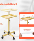 Gold Rolling Salon Cart On Wheels Mobile Styling Station For Hairstylists Aluminum Tray Cart Adjustable Height Spacious Top Surface With Locking Casters Includes 10 Disposable Salon Tray Covers, shown with adjustable height and locking casters