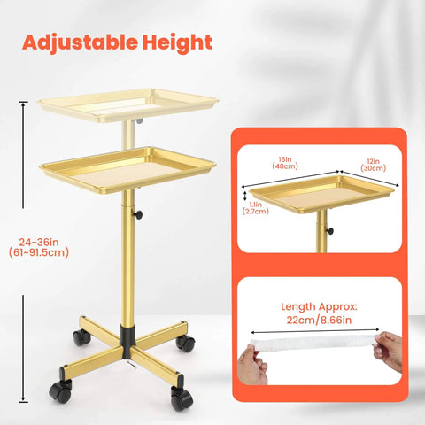Gold Rolling Salon Cart On Wheels Mobile Styling Station For Hairstylists Aluminum Tray Cart Adjustable Height Spacious Top Surface With Locking Casters Includes 10 Disposable Salon Tray Covers, shown with adjustable height and locking casters