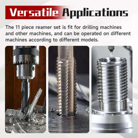 11 Piece Adjustable Hand Reamer Set Pro Grade High Speed Steel For Drilling Machines From Fifteen Thirty Second Inch To One And A Half Inch With Straight Flute And Straight Handle For Precise Hole Sizing And Easy Cutting shown in various applications